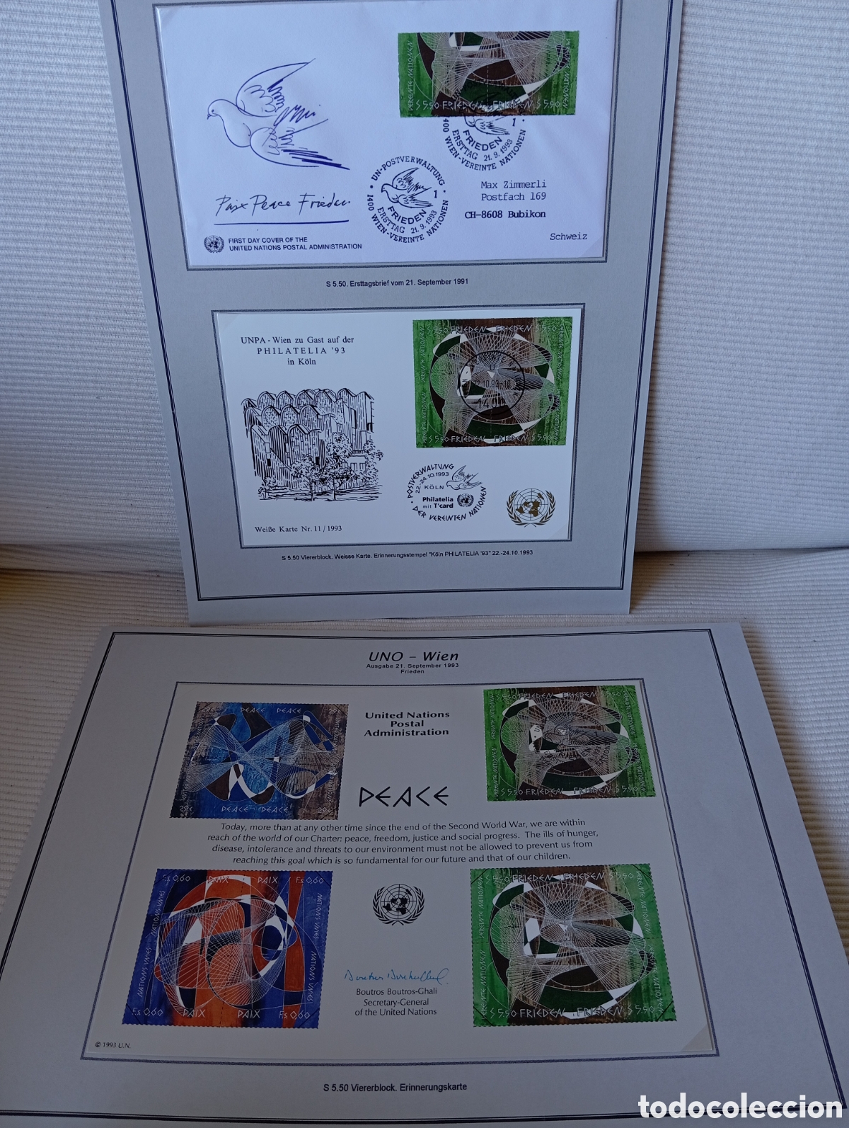 Sellos: Colecci&oacute;n ONU 1993: Sobres Primer D&iacute;a (FDC) y Tarjetas Conmemorativas - Paz