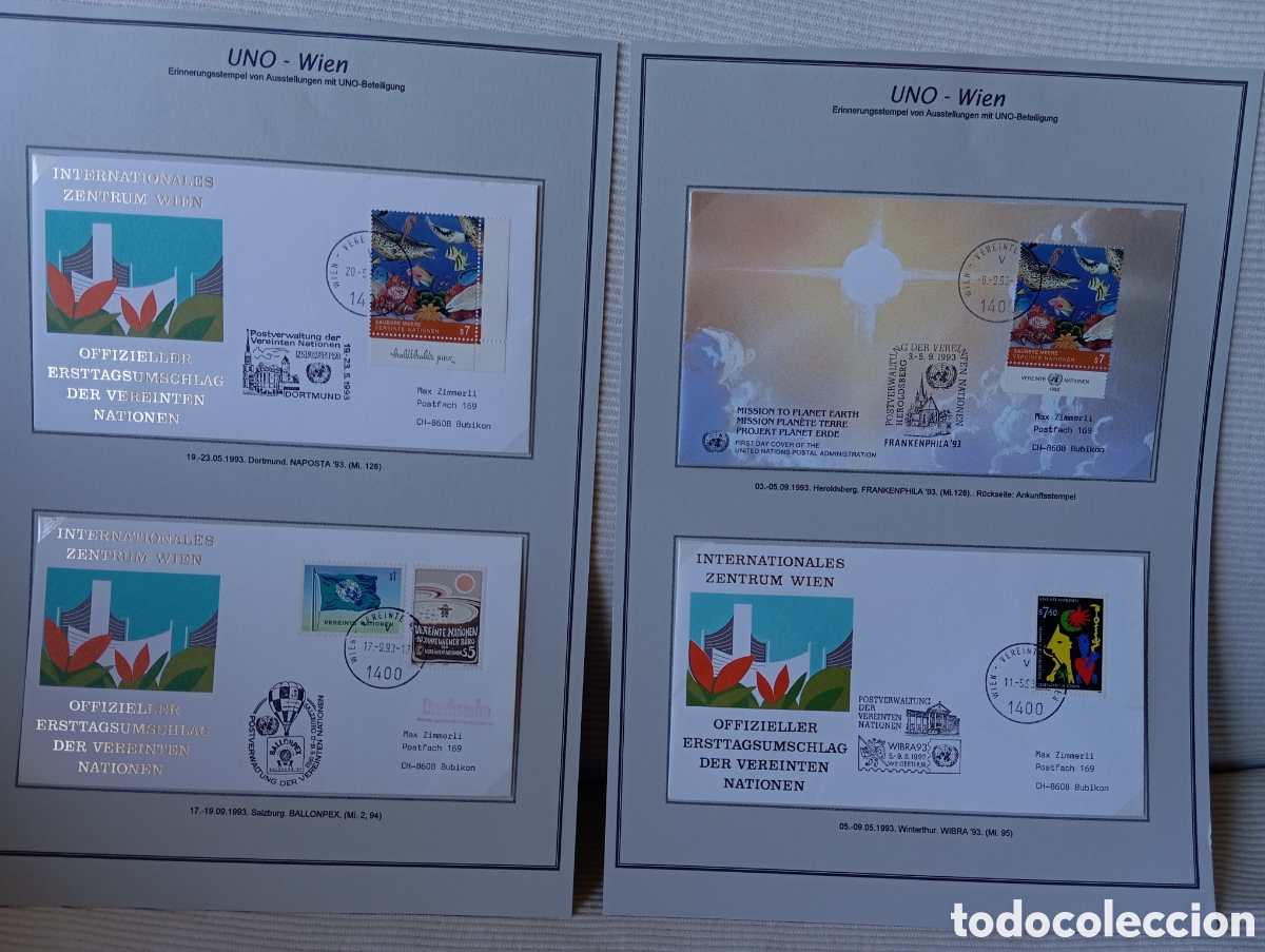 Sellos: Colecci&oacute;n FDC Naciones Unidas Viena 1993: NAPOSTA, BALLONPEX y m&aacute;s montando en hoja