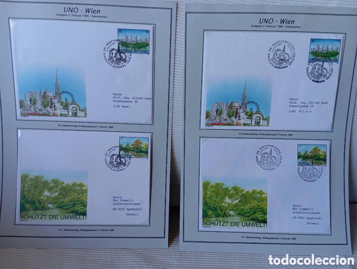 Sellos: Set de 4 Sobres Filat&eacute;licos ONU Viena A&ntilde;o 1995: Donaupark y Medio Ambiente