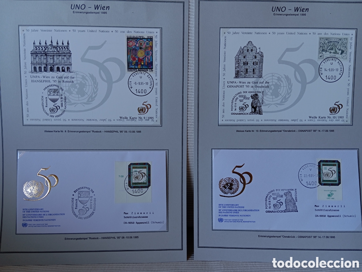 Sellos: Set ONU 1995: 2 Tarjetas y 2 Sobres Conmemorativos 50 Aniversario - Matasellos Especiales Viena