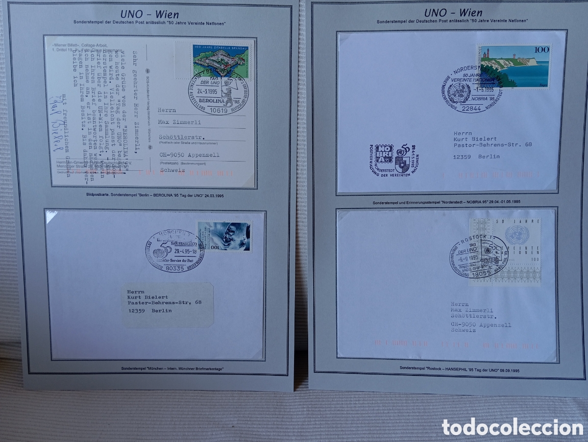 Sellos: Lote 4 Piezas Filat&eacute;licas 1995: 50 Aniversario ONU - Matasellos Especiales Alemania