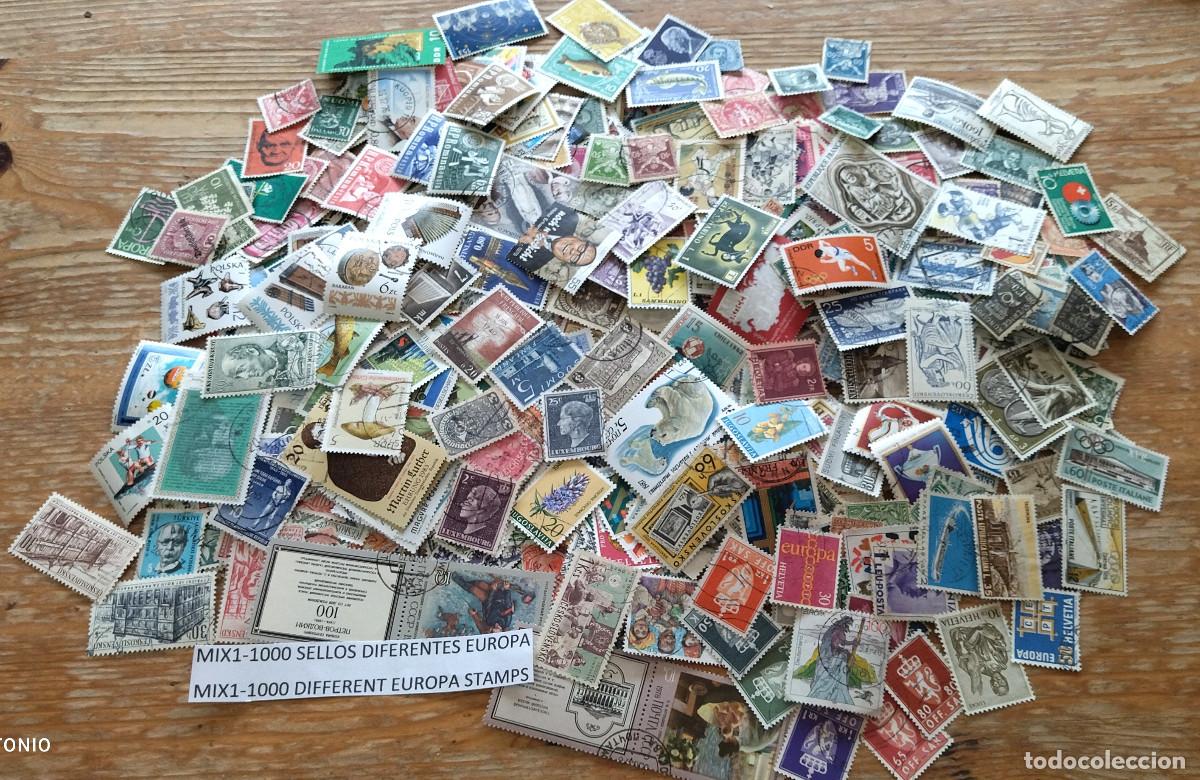 Sellos: MIX1-LOTE TODOS DIFERENTES ,SIN TASAR.1000 SELLOS DISTINTOS EUROPA, FOTO REAL.DISE&Ntilde;ADOS Y CONTADOS