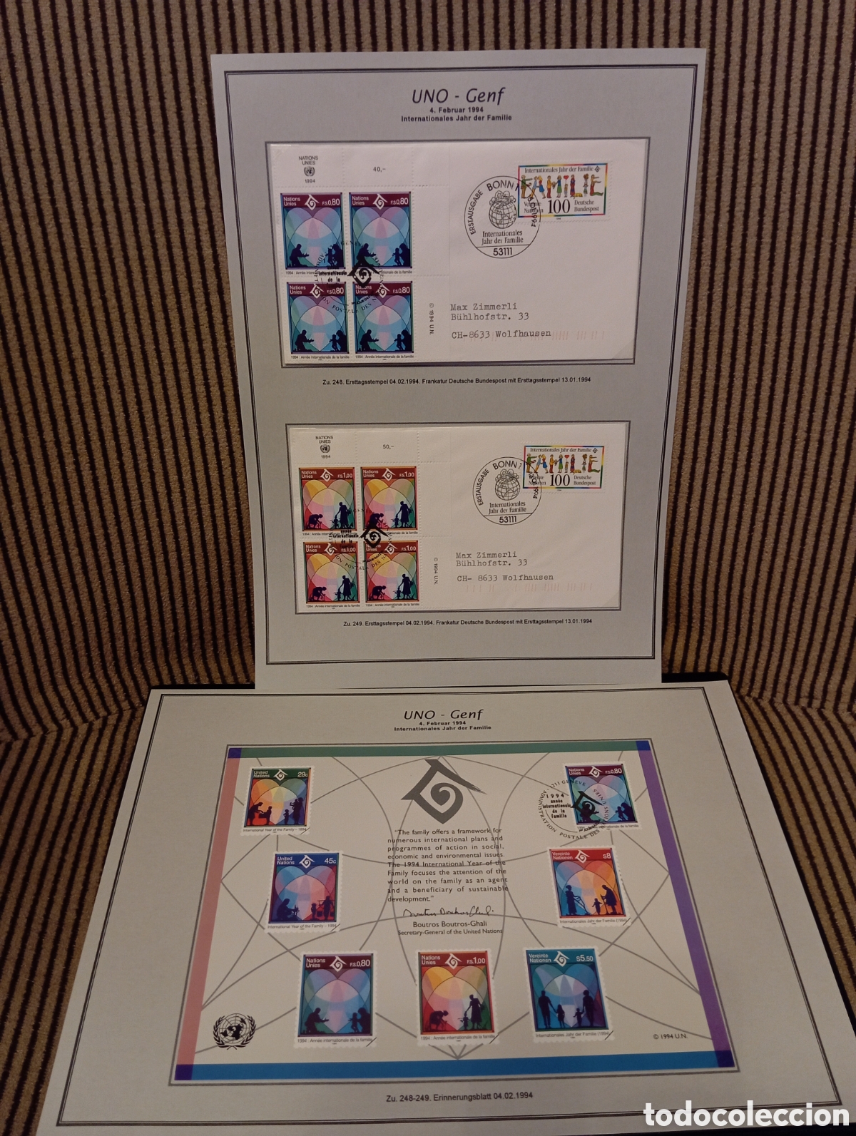 Sellos: UNO Genf 1994: Tarjeta de Recuerdo + Sobres FDC A&ntilde;o de la Familia