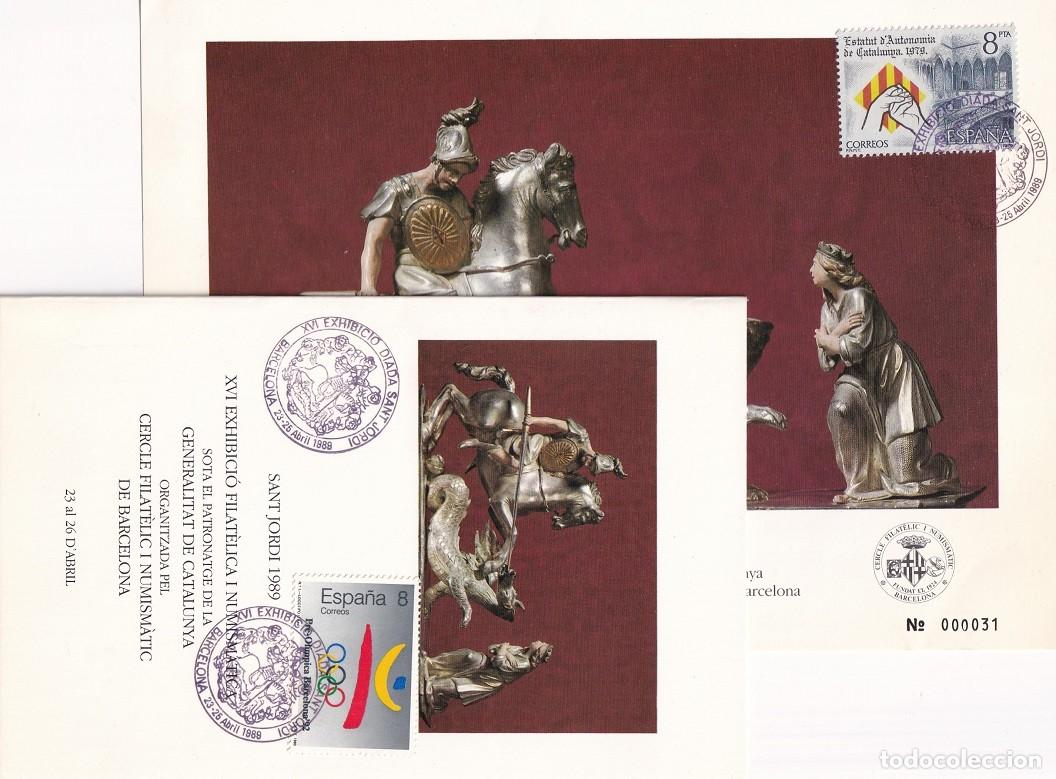 Sellos: Sant Jordi 1989 M&aacute;xima (numeraci&oacute;n muy baja: 31) + Programa - XVI Exhibici&oacute; Filat&egrave;lica i Numism&agrave;tica