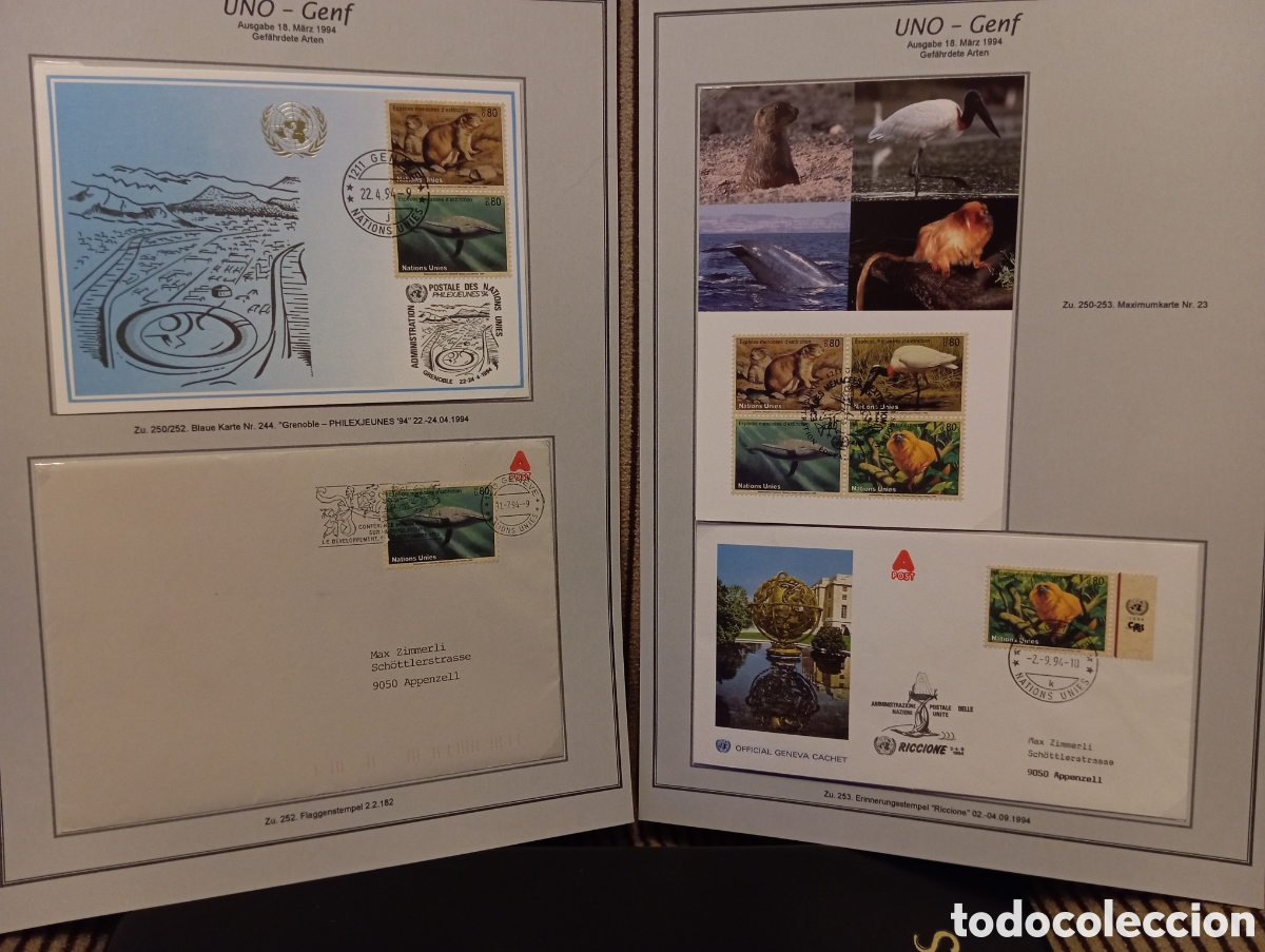 Sellos: Sobres y Tarjetas M&aacute;ximas FDC ONU Ginebra 1994 Animales Extinci&oacute;n