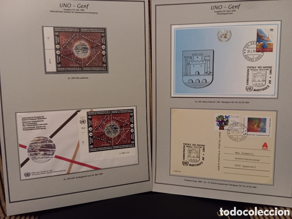 Sellos: Colecci&oacute;n ONU Ginebra 1994 - Desastres Naturales y Martigues '94 (FDC, Bloque y Tarjetas)
