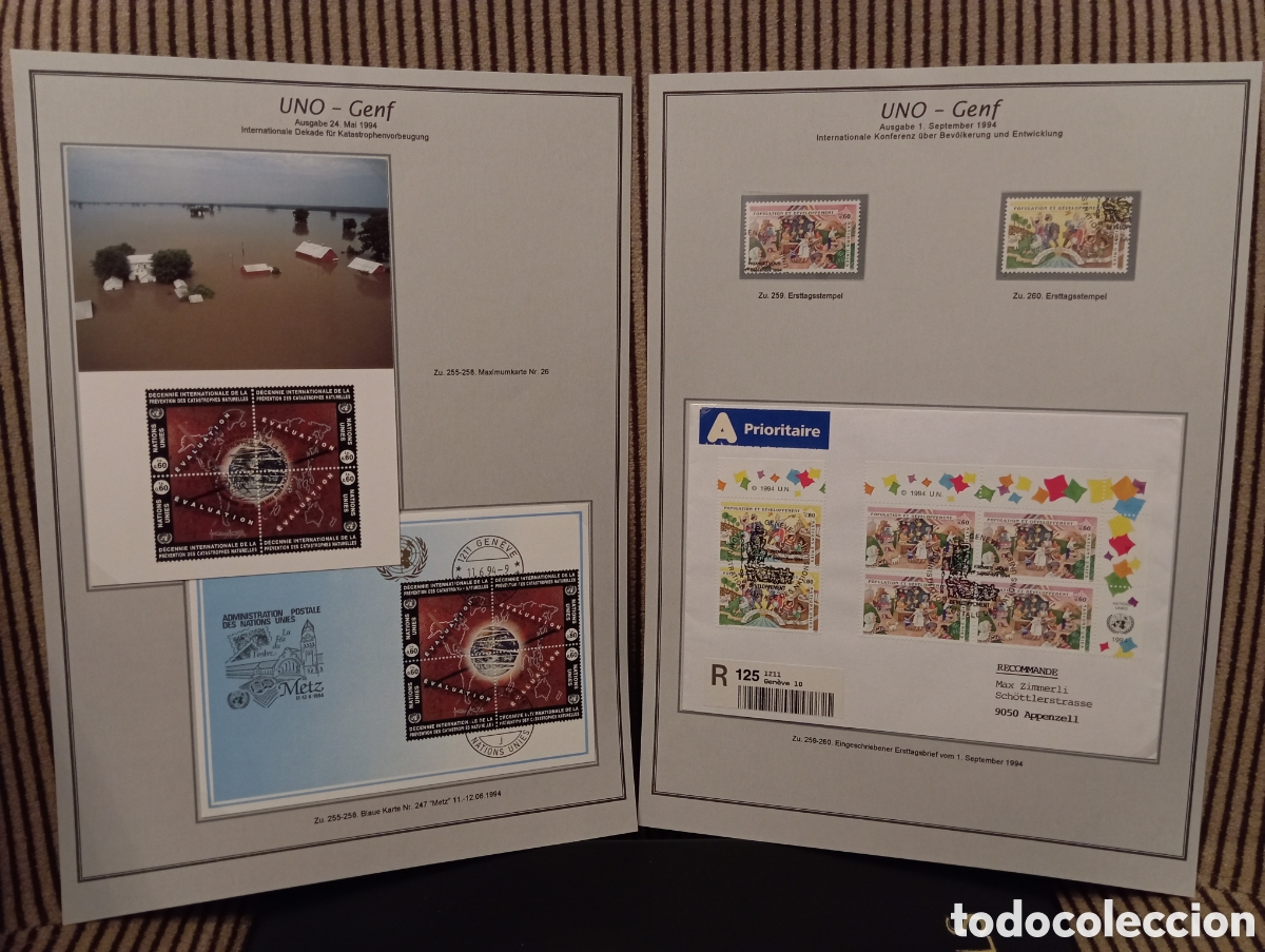 Sellos: Lote Filatelia ONU Ginebra 1994: Sellos, Tarjetas M&aacute;ximas y Sobre FDC Certificado