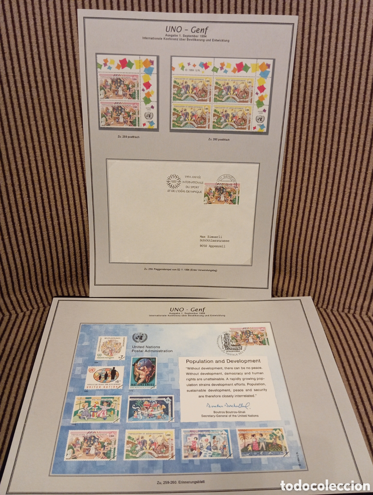 Sellos: Lote Filat&eacute;lico ONU Ginebra 1994 - Poblaci&oacute;n y Desarrollo: Bloques, FDC y Hoja Recuerdo