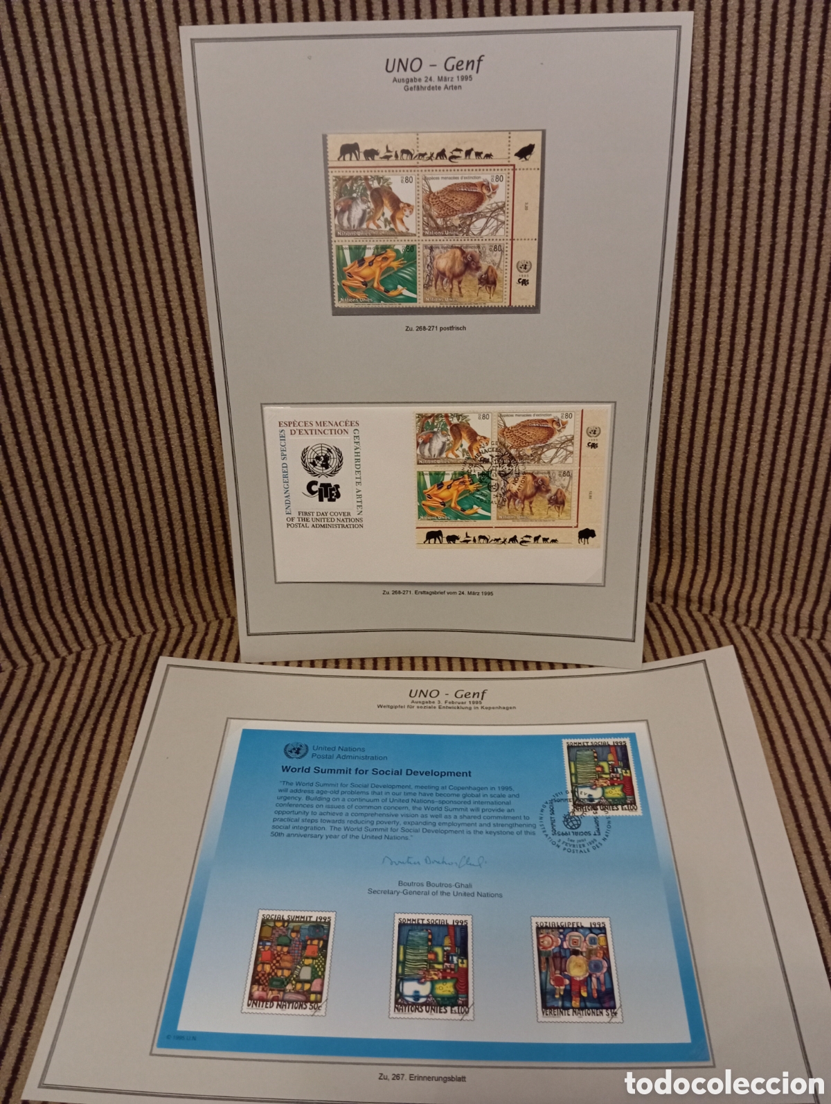 Timbres: Lote ONU Ginebra 1995: Sellos Fauna CITES, Sobre FDC y Tarjeta Recuerdo