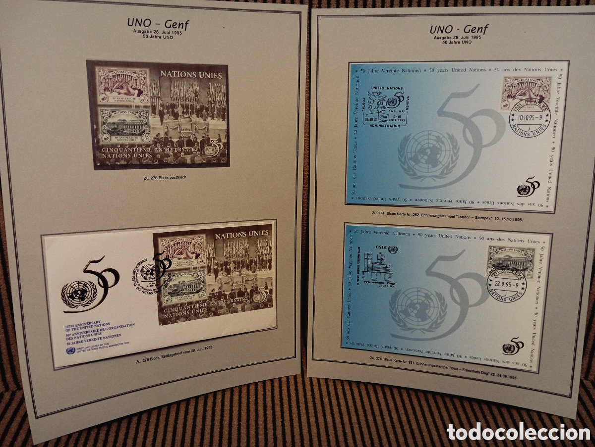 Timbres: Lote Filat&eacute;lico 50 Aniversario ONU Ginebra 1995: Hojita Bloque, FDC y Tarjetas Azules