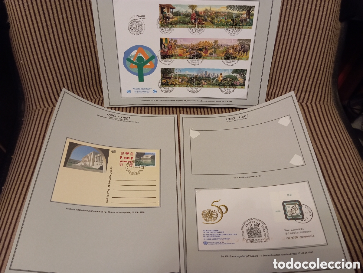 Timbres: Colecci&oacute;n Sellos ONU Genf (Suiza) 1985/1996 - Matasellos Especiales y 50 Aniversario