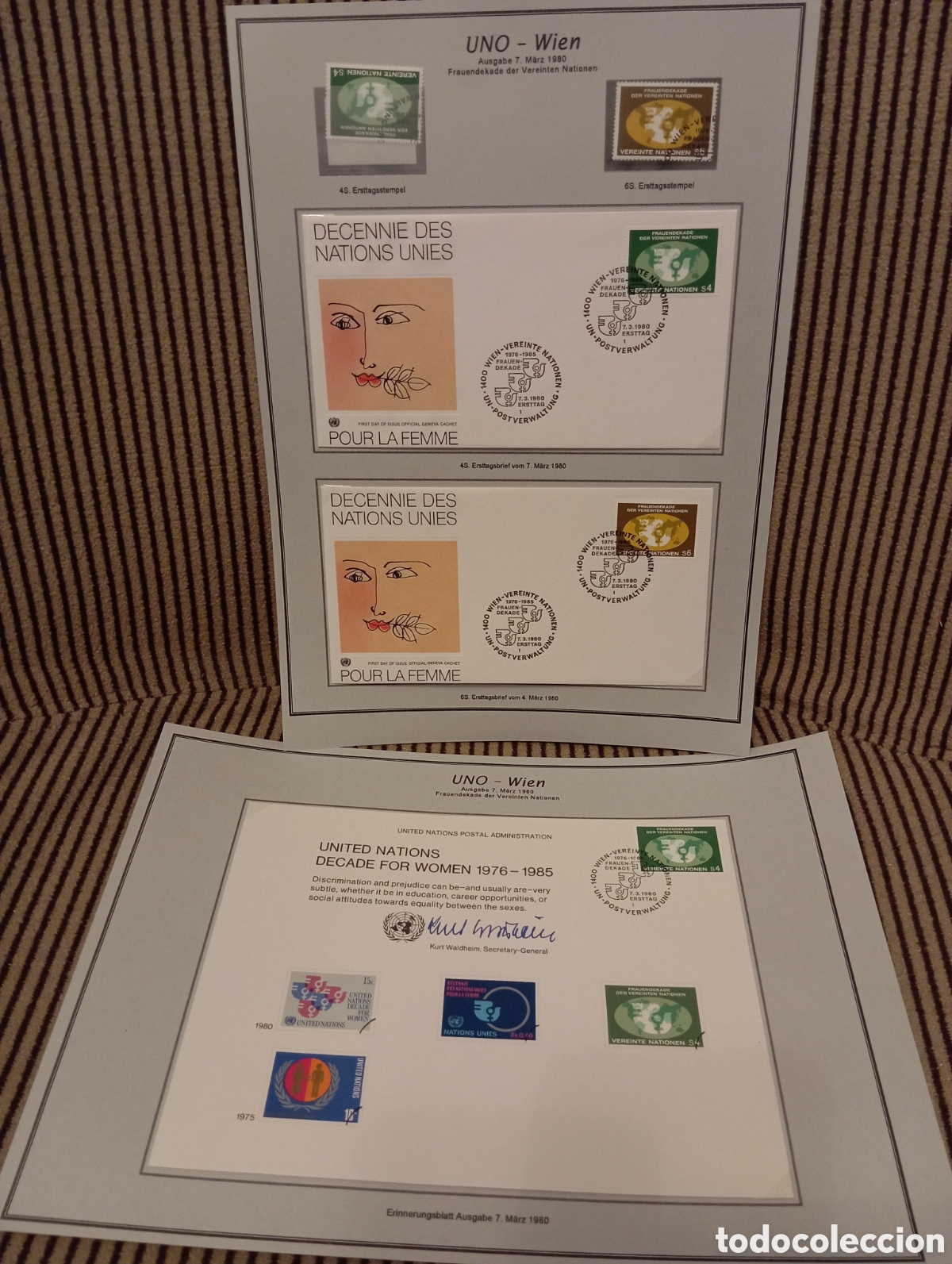 Timbres: Lote Filat&eacute;lico ONU 1980 D&eacute;cada de la Mujer - Tarjeta de Recuerdo y Sobres FDC Viena