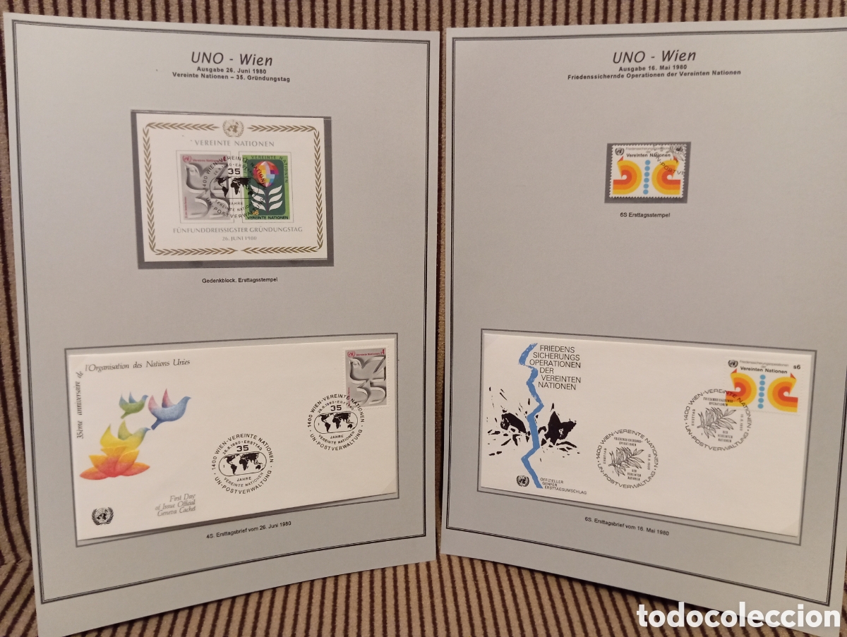 Timbres: Lote Filatelia ONU Viena 1980: Hojas Bloque y Sobres Primer D&iacute;a (FDC)