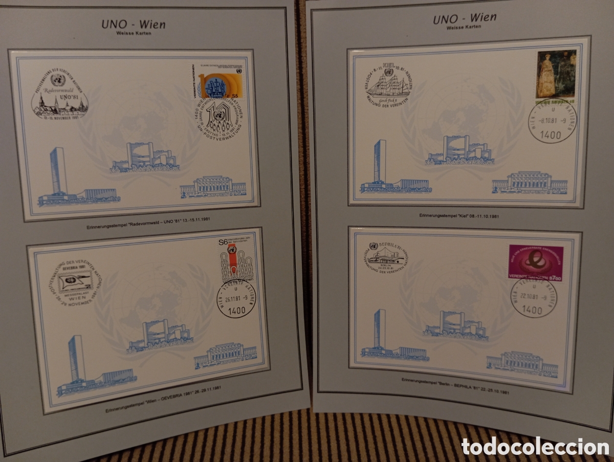Sellos: Lote 4 Tarjetas Blancas ONU Viena 1981 Matasellos Especiales Filatelia