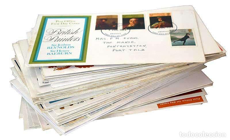 Sellos: Reino Unido. Lote de 39 Sobres Primer D&iacute;a (FDC) + tarjetas. 1969-1990