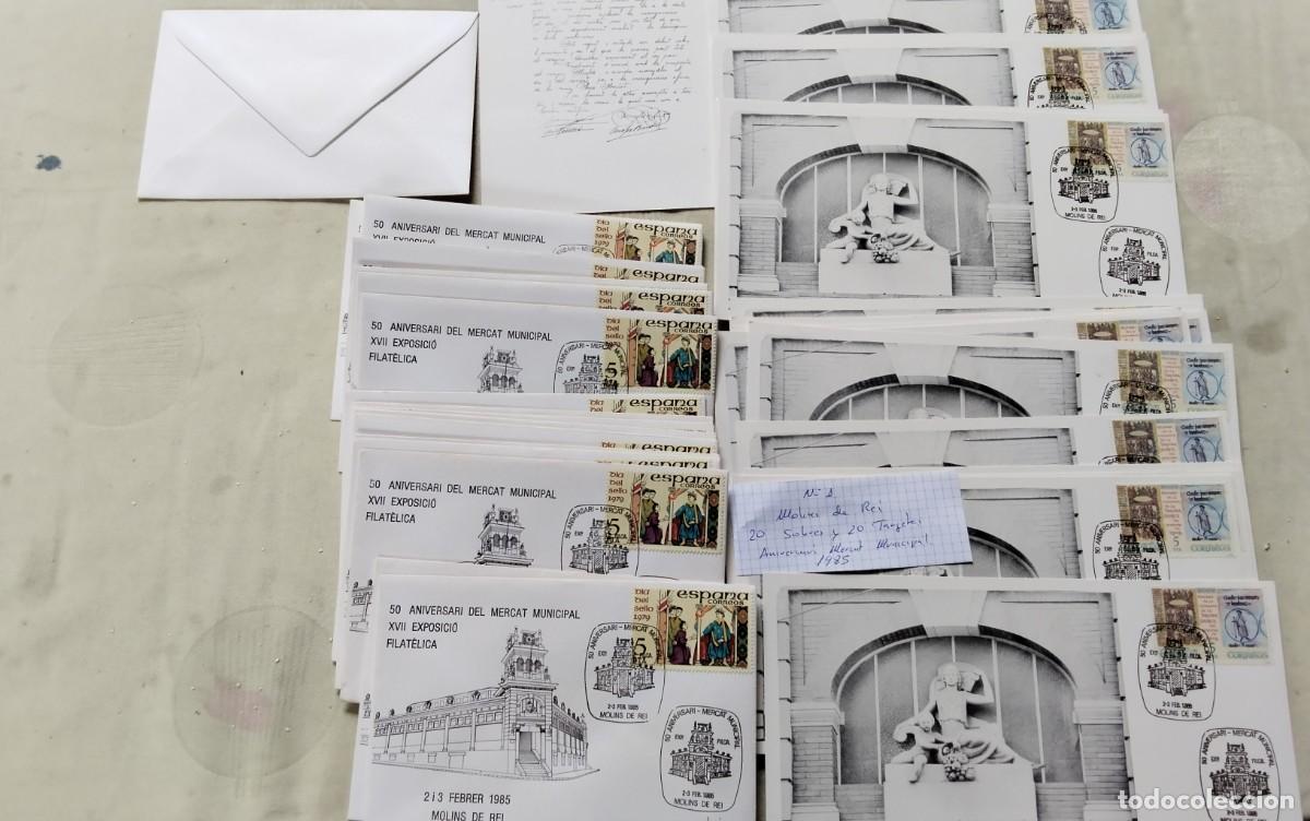 Sellos: MOLINS DE REI , 20 SOBRES Y 20 TARJETAS 50 ANIVERSARIO MERCAT MUNICIPAL A&Ntilde;O 1985