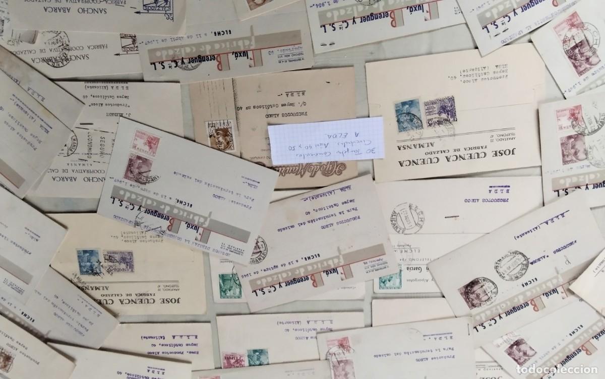 Sellos: ELDA (ALICANTE) 30 TARJETAS COMERCIALES CIRCULADAS A&Ntilde;OS 40/50 FRANQUEOS INTERESANTES