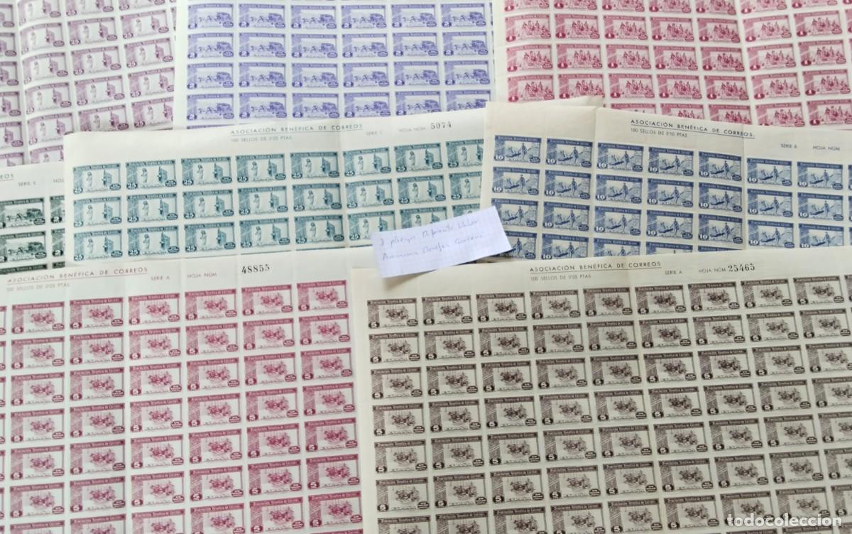 Sellos: ASOCIACION BENEFICA DE CORREOS A&Ntilde;O 1934 , 8 PLIEGOS DE SELLOS DE DIFERENTES VALORES , VER FOTOS