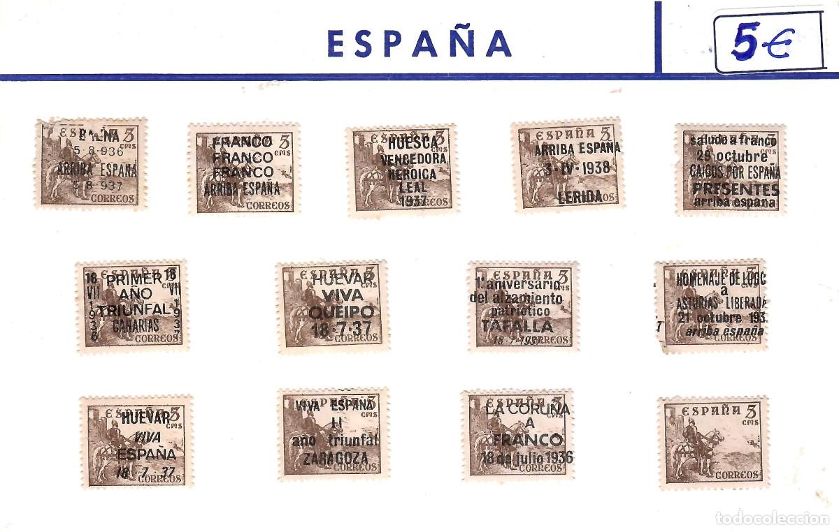Sellos: FICHA CON 13 SELLOS CON DIFERENTES SOBRECARGAS PATRIOTICAS FRANQUISTAS