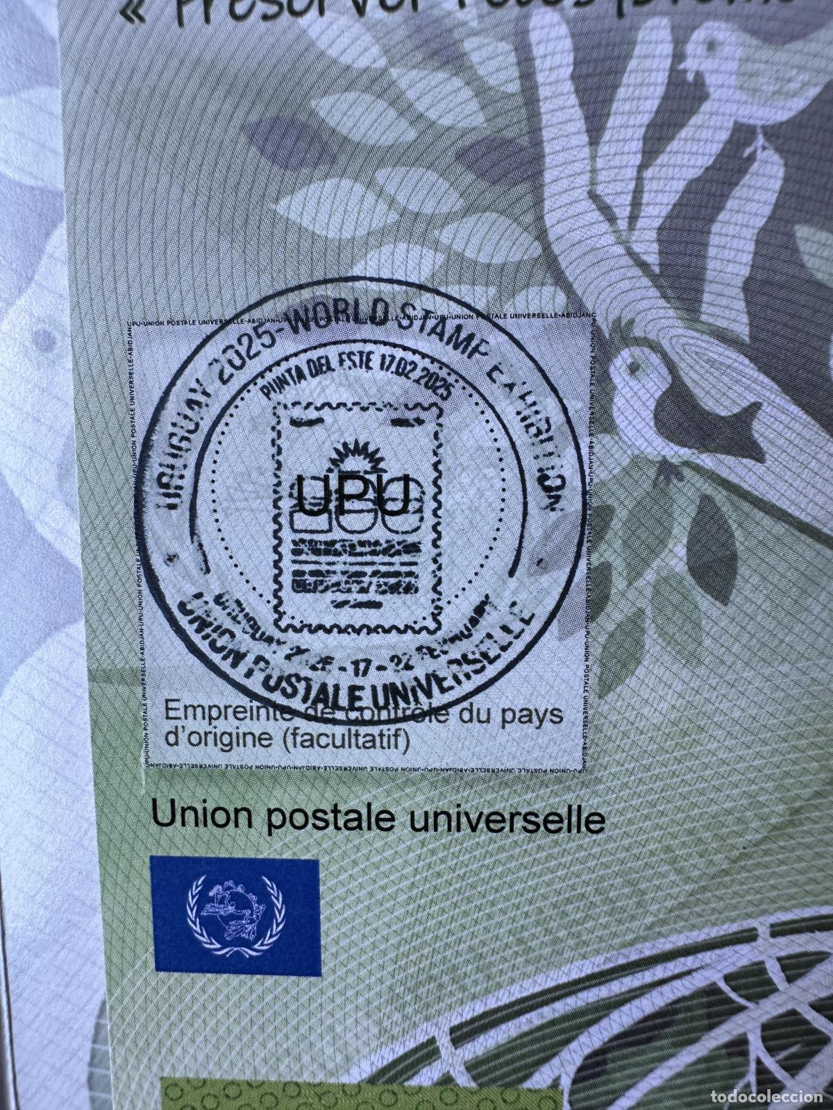 Sellos: Carpeta de muestras UPU Punta del Este Uruguay 2025 FIP Word Sello Cup&oacute;n