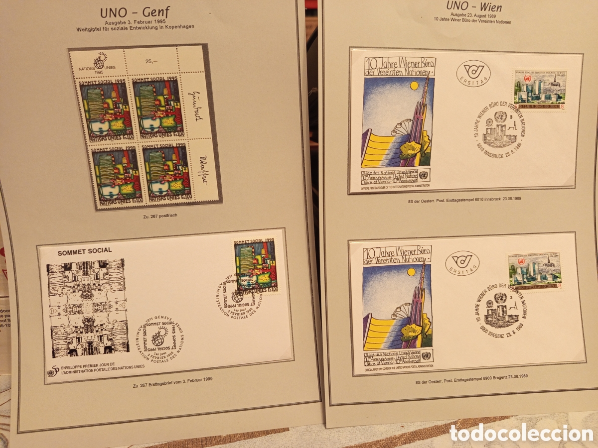 Timbres: Lote ONU Ginebra/Viena: Bloque, FDC Cumbre Social y FDC Viena