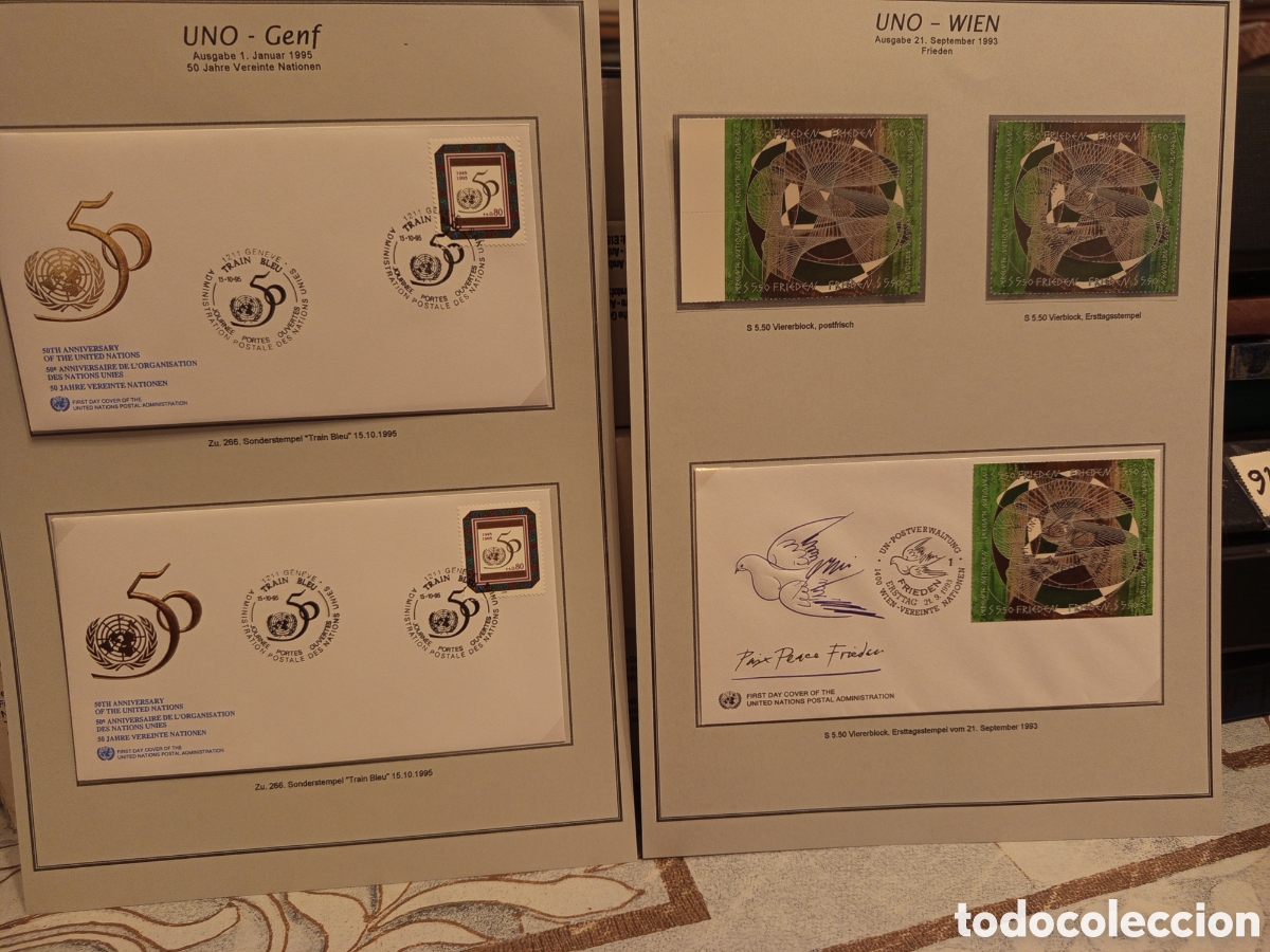 Francobolli: T&iacute;tulo: Lote ONU: 2 FDC 50&ordm; Aniv. Ginebra, 2 Bloques y FDC Paz Viena