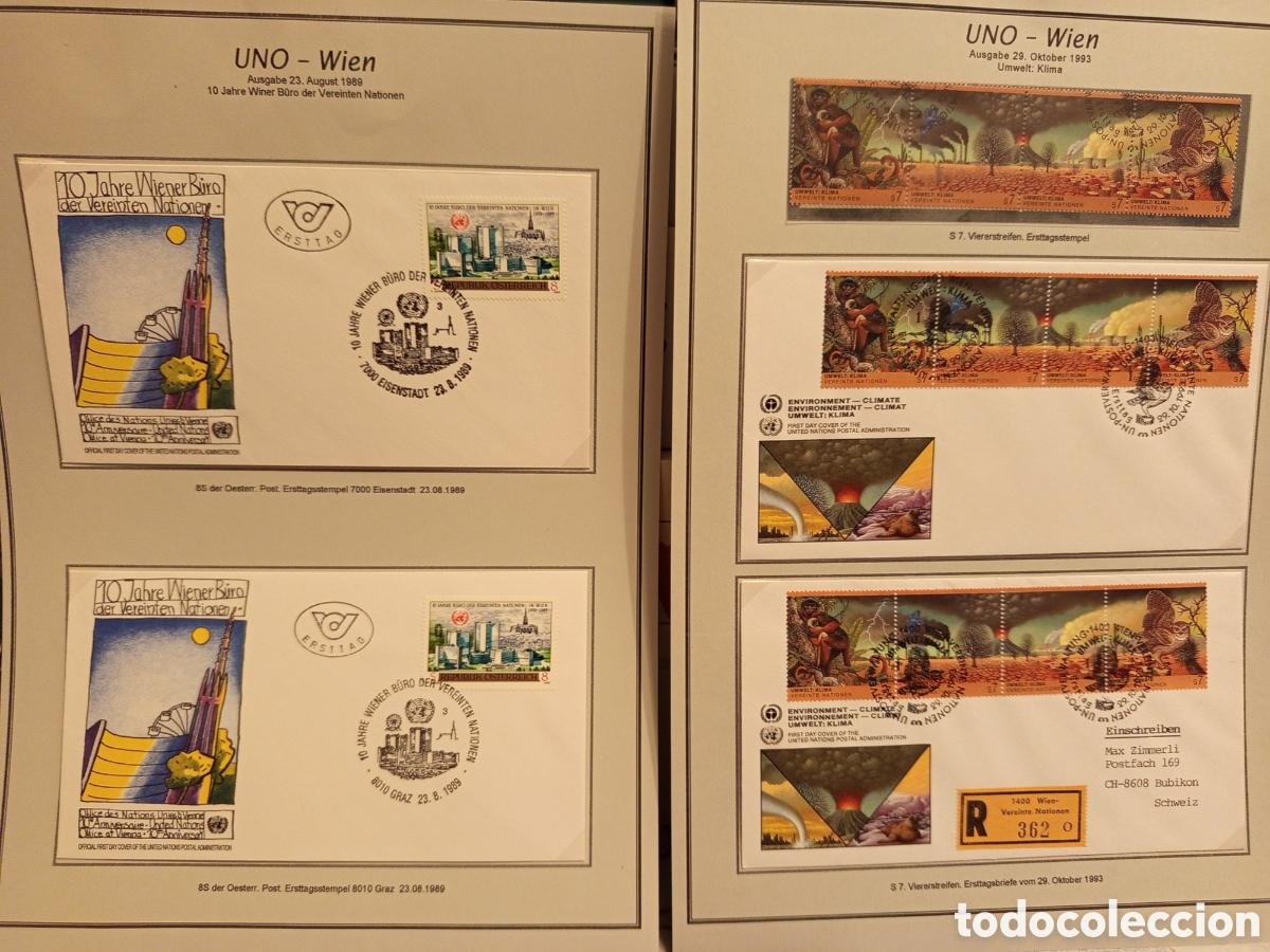 Sellos: Lote ONU Viena 1989/1993: 2 FDC 10&ordm; Aniv., Tira y 2 FDC Medio Ambiente