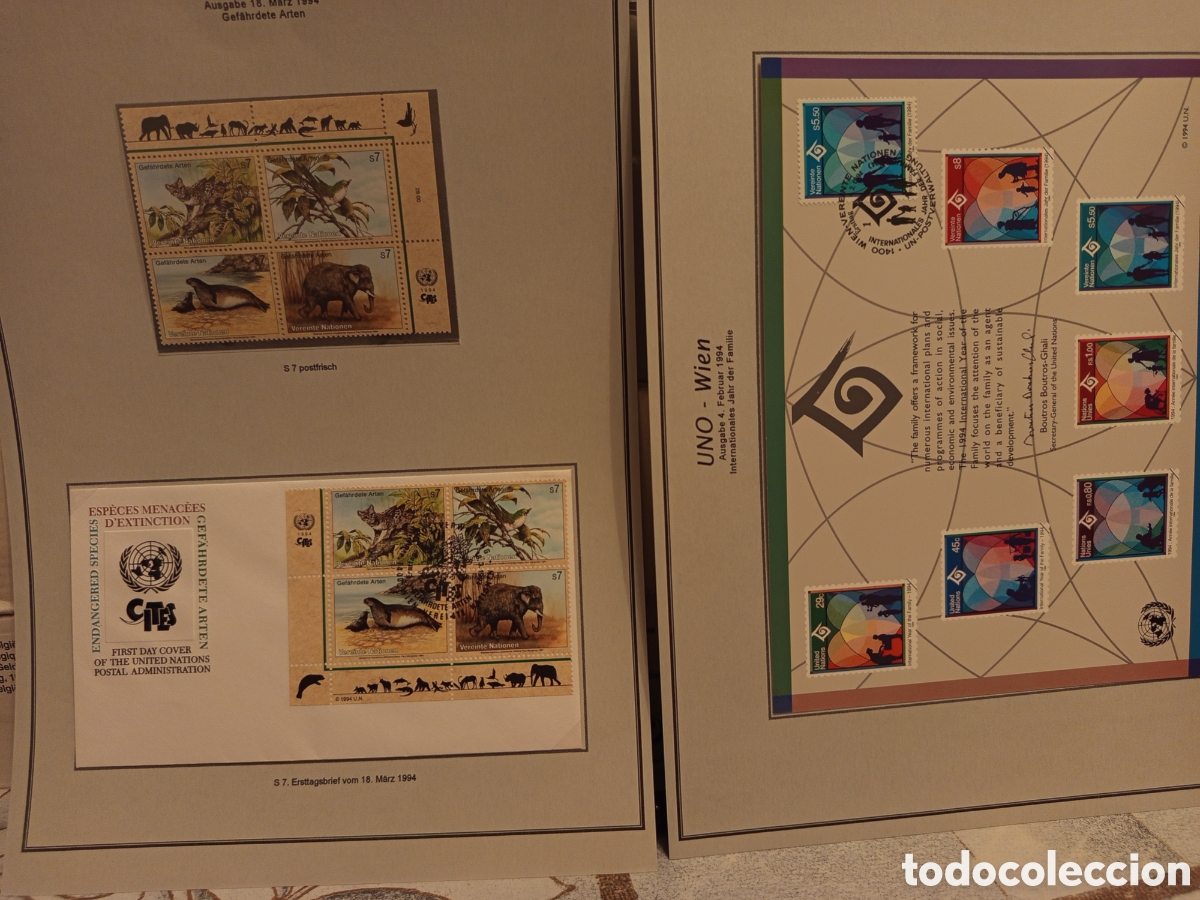 Timbres: Lote ONU Viena 1994: Bloque, FDC Especies Protegidas y Tarjeta Familia