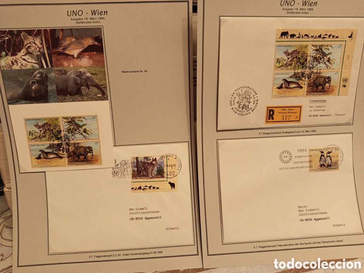 Timbres: Lote ONU Viena 1994: Tarjeta M&aacute;xima, FDC Certificado y 2 Sobres CITES