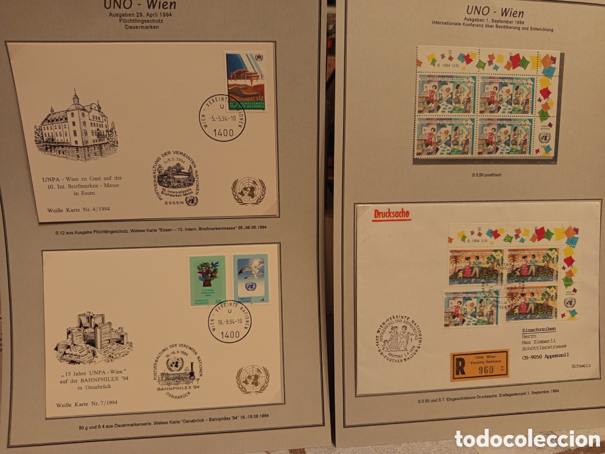 Timbres: Lote ONU Viena 1994: 2 Tarjetas Especiales, Bloque y FDC Poblaci&oacute;n