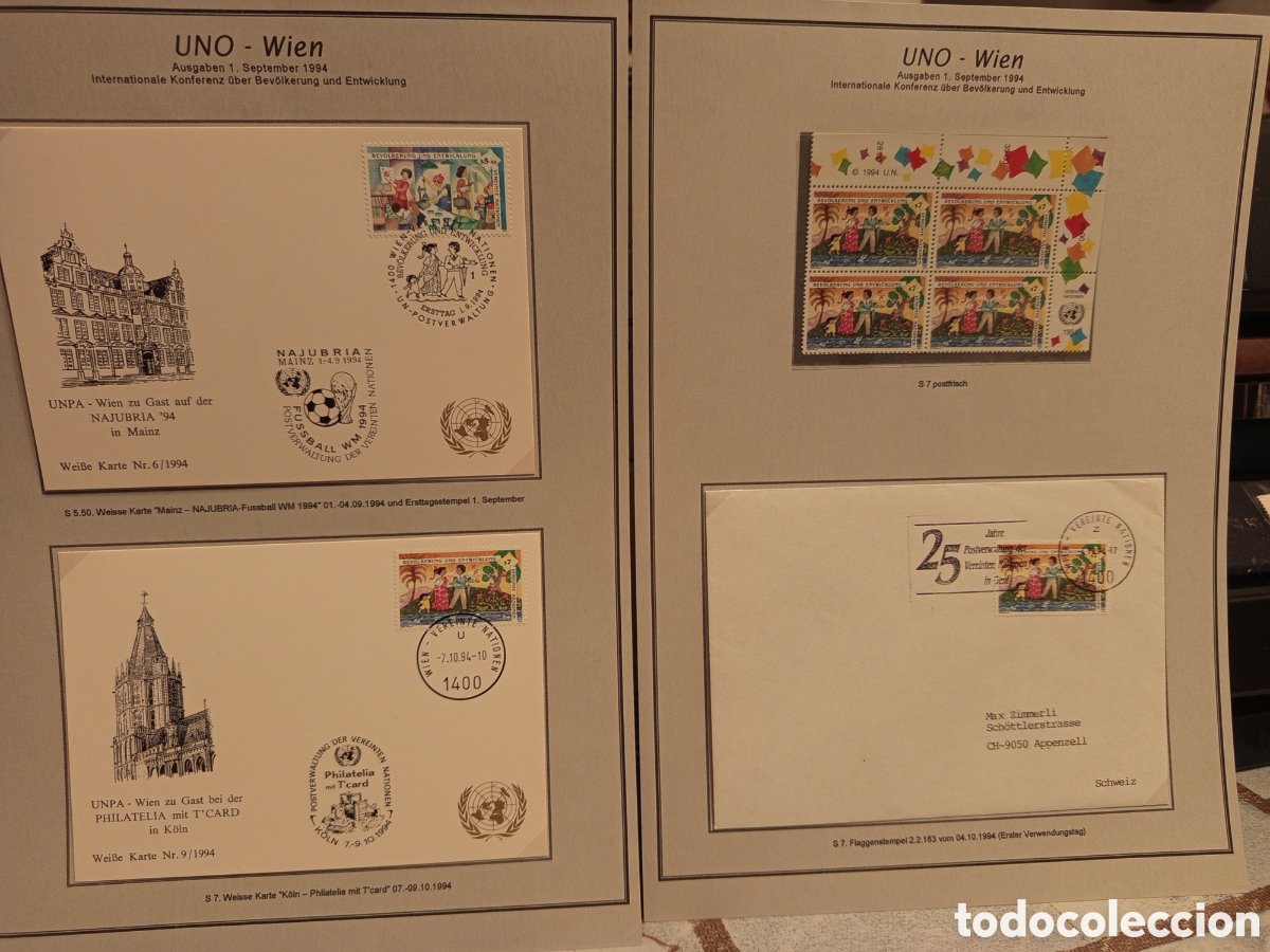 Sellos: Lote ONU Viena 1994: 2 Tarjetas Especiales, Bloque y Sobre Poblaci&oacute;n
