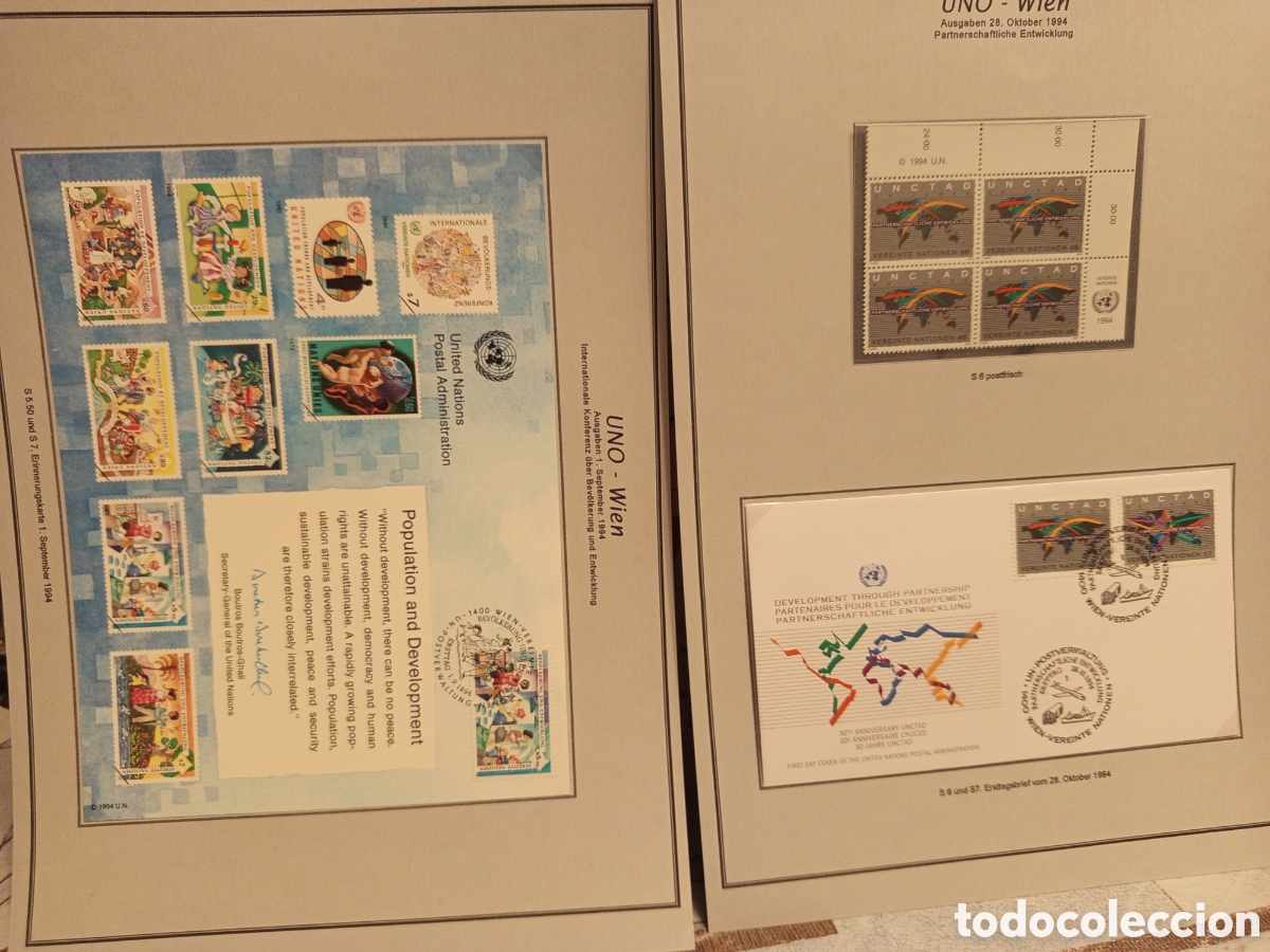Timbres: Lote ONU Viena 1994: Tarjeta Recuerdos Poblaci&oacute;n, Bloque y FDC UNCTAD