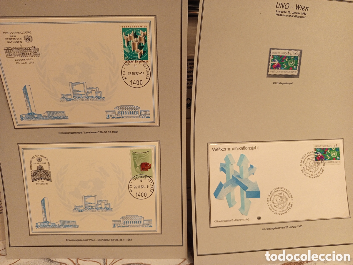 Timbres: Lote ONU Viena 1982/1983: 2 Tarjetas Especiales (Leverkusen/Oevebria) y FDC A&ntilde;o de las Comunicacione
