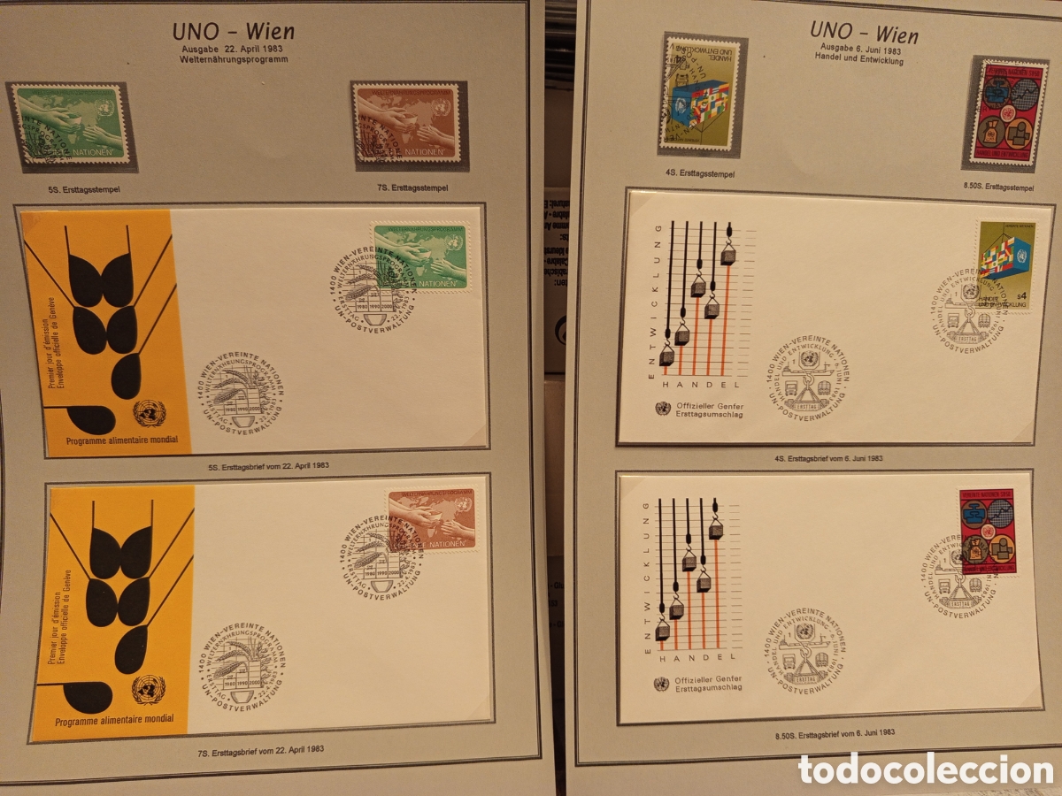 Francobolli: Lote ONU Viena 1983: 4 FDC y Sellos (Programa Mundial de Alimentos y Comercio/Desarrollo)