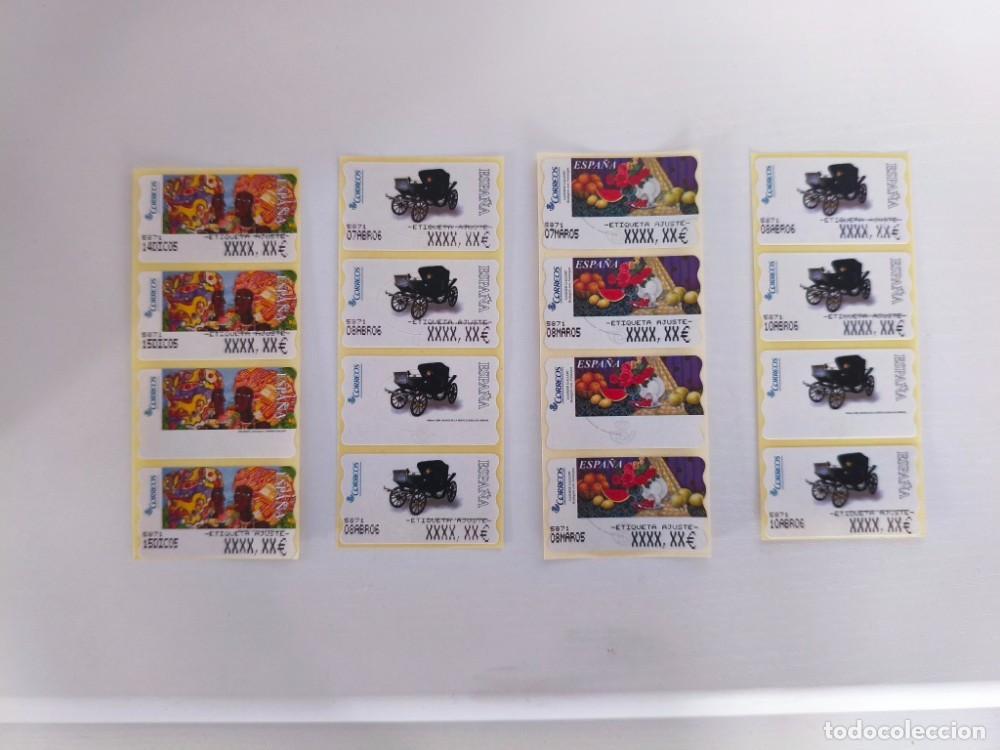 Sellos: Lote de 10 tiras/bloques de Etiquetas ATM Correos - Pruebas de Ajuste y Variantes. 40 sellos