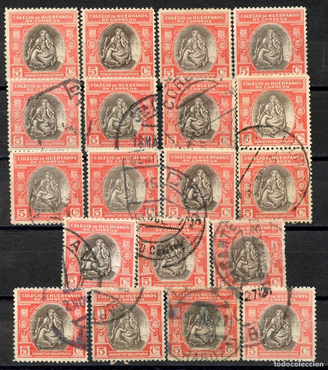 Sellos: ESPA&Ntilde;A. BENEFICENCIA. HU&Eacute;RFANOS DE CORREOS. EDIFIL N&ordm; B1. 19 SELLOS (15 USADOS Y 4 NUEVOS SIN GOMA)