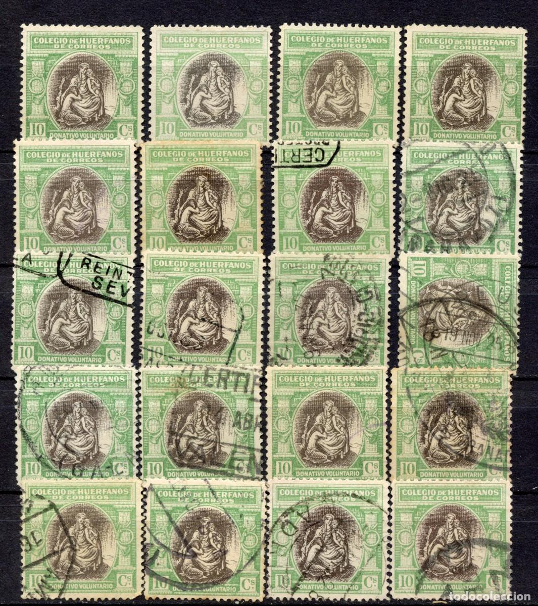 Sellos: ESPA&Ntilde;A. BENEFICENCIA. HU&Eacute;RFANOS DE CORREOS. EDIFIL N&ordm; B2. 20 SELLOS (14 USADOS Y 6 NUEVOS SIN GOMA)