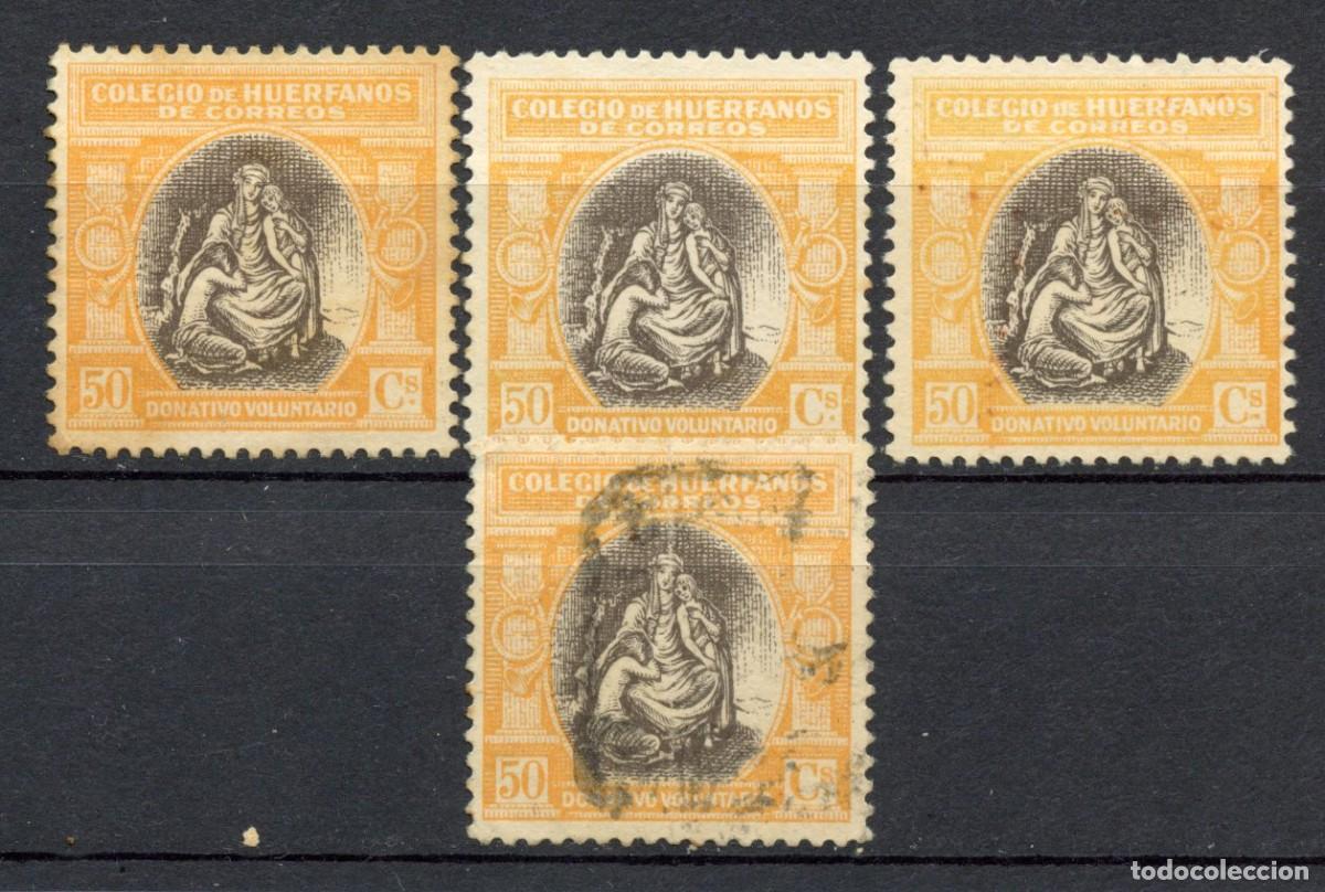 Sellos: ESPA&Ntilde;A. BENEFICENCIA. HU&Eacute;RFANOS DE CORREOS. EDIFIL N&ordm; B4. 4 SELLOS (1 USADO Y 3 NUEVOS SIN GOMA)