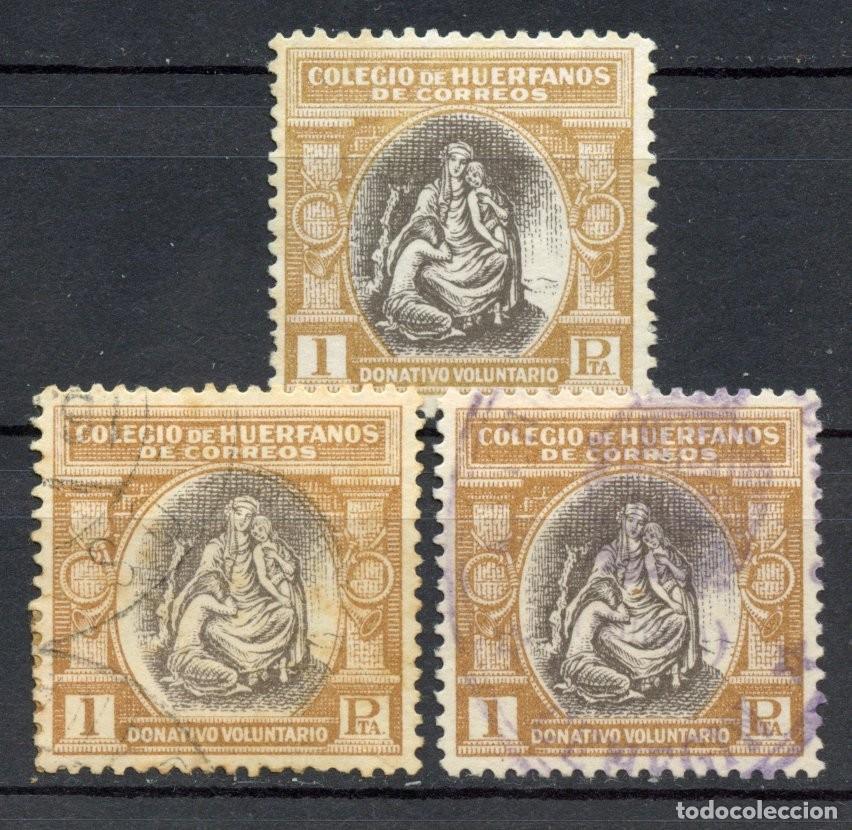 Sellos: ESPA&Ntilde;A. BENEFICENCIA. HU&Eacute;RFANOS DE CORREOS. EDIFIL N&ordm; B5. 3 SELLOS (2 USADOS Y 1 NUEVO SIN GOMA)