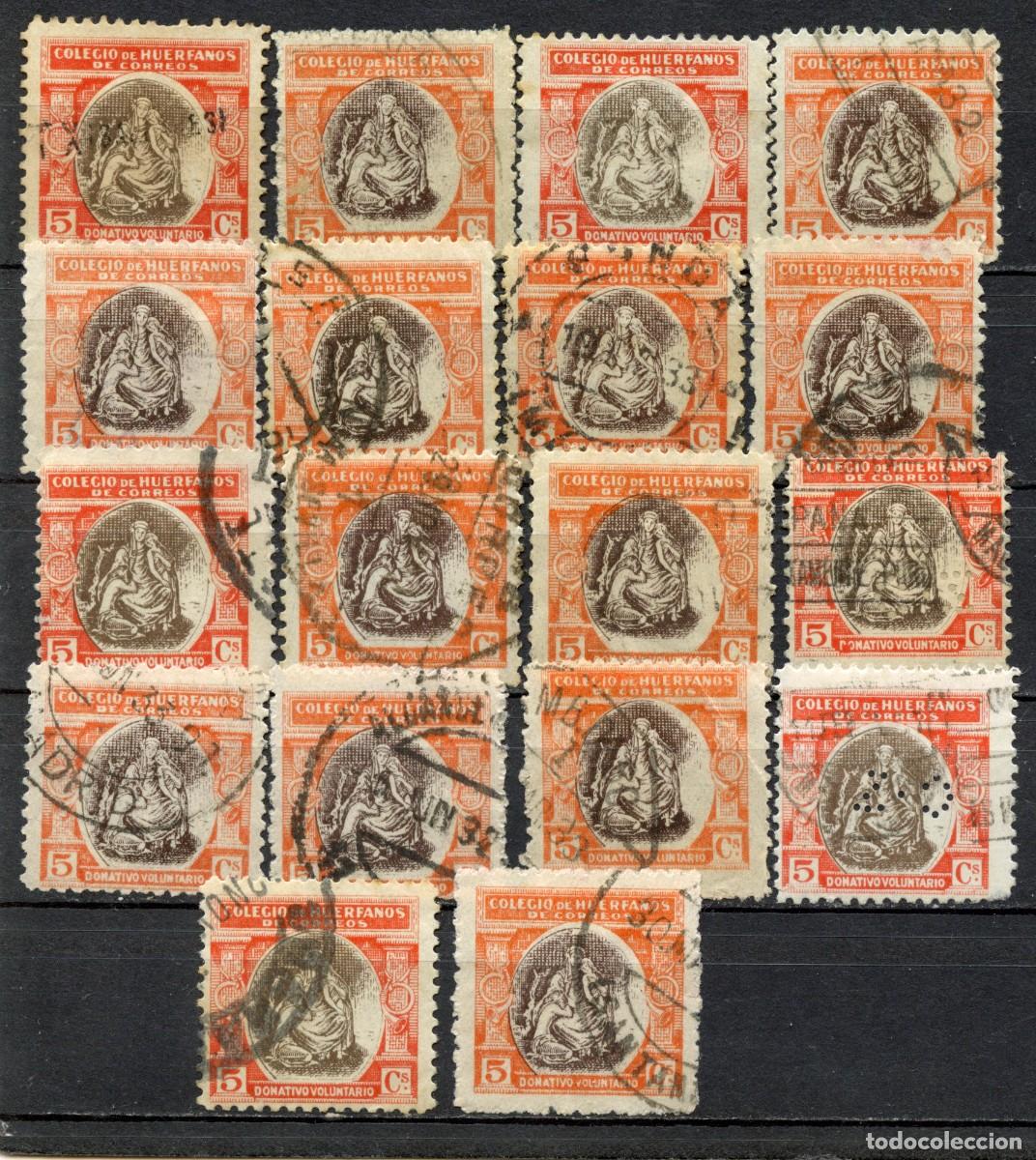 Sellos: ESPA&Ntilde;A. BENEFICENCIA. HU&Eacute;RFANOS DE CORREOS. EDIFIL N&ordm; B9. 18 SELLOS USADOS
