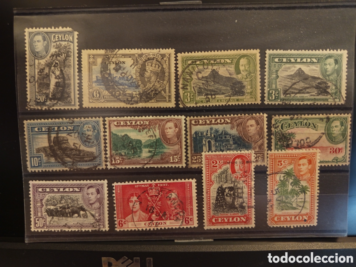 Sellos: &rdquo;Ceylon 1935-1938 - Tarjeta 12 sellos usados - Jubileo, Adam's Peak, Elefantes&rdquo;