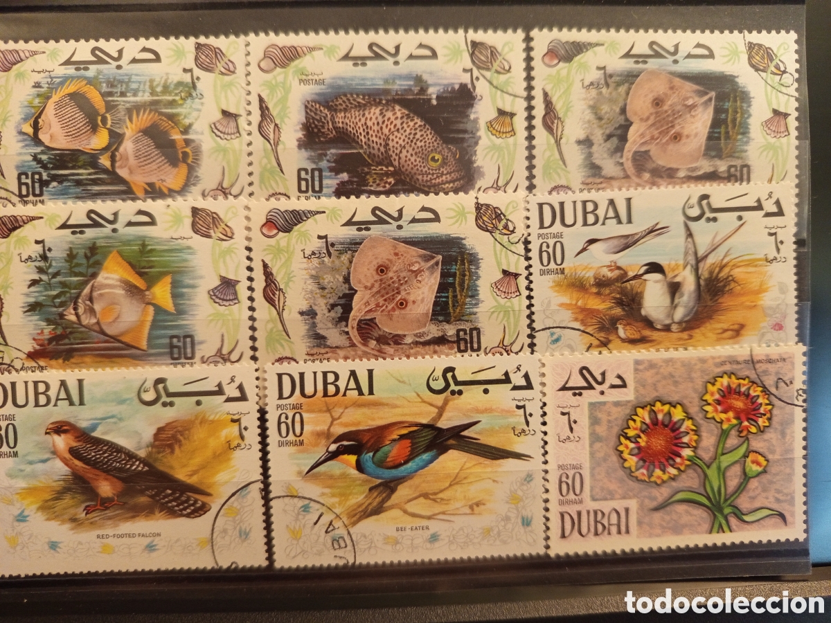 Sellos: &rdquo;Dubai - Tarjeta 9 sellos usados 60 dirham - Peces, Aves, Flores fauna serie&rdquo;