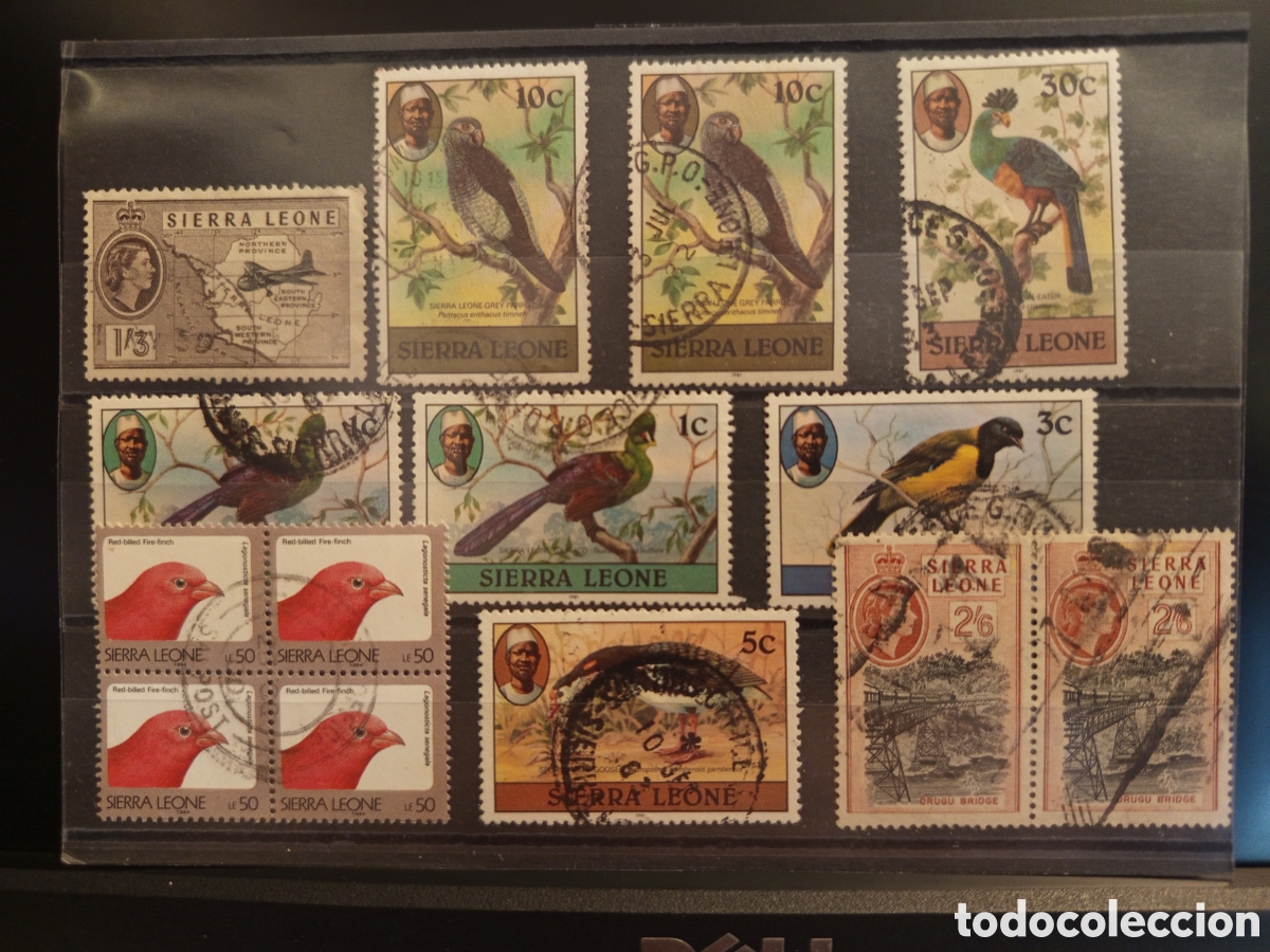 Sellos: &rdquo;Sierra Leone - Tarjeta sellos usados - Aves, Loro Gris, Puente Orugu, QEII&rdquo;