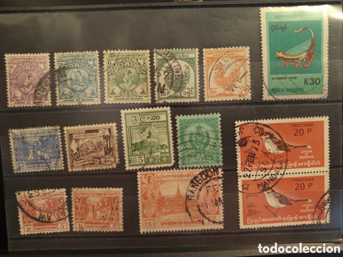 Sellos: &rdquo;Union of Burma/Myanmar - Tarjeta 15 sellos usados - Arpa, Aves, Libia incl.&rdquo;