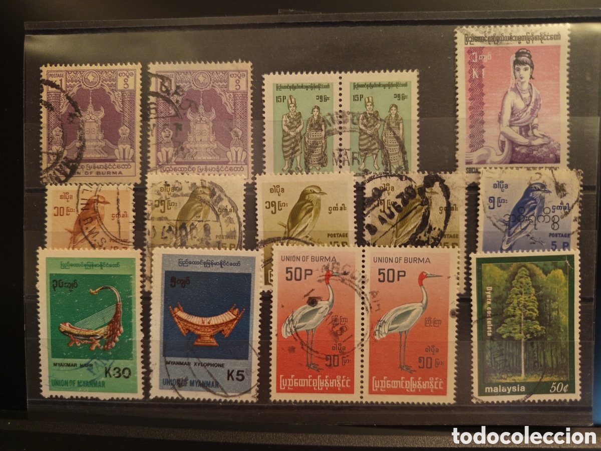 Sellos: Tarjeta con 13 Sellos Antiguos de Birmania y Malasia, &Eacute;poca 1960 a 1990