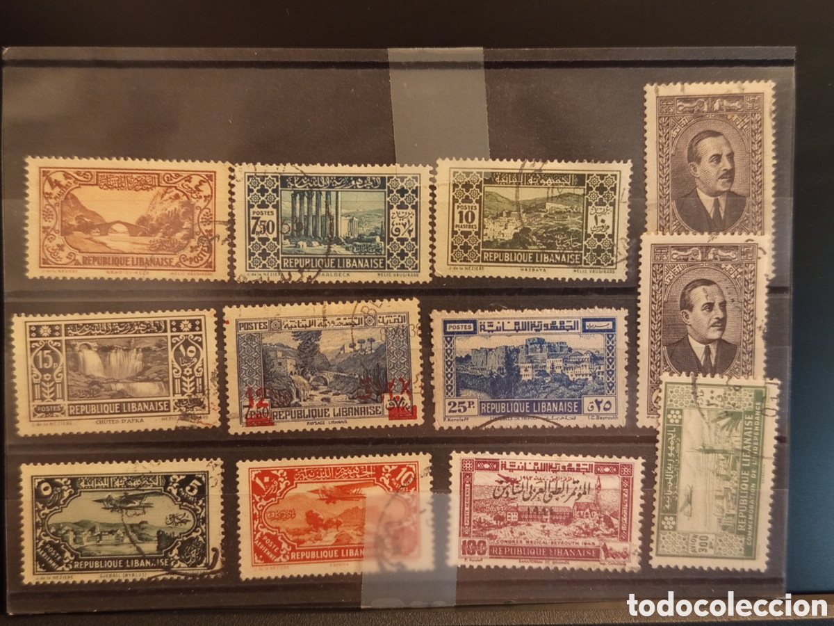 Timbres: Tarjeta con 11 Sellos Antiguos de L&iacute;bano, &Eacute;poca de 1925 a 1945