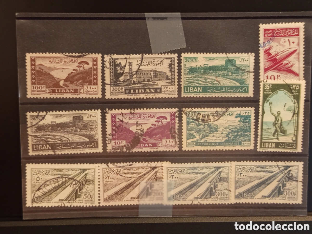 Timbres: Tarjeta con 12 Sellos Antiguos de L&iacute;bano, &Eacute;poca de 1950 a 1965