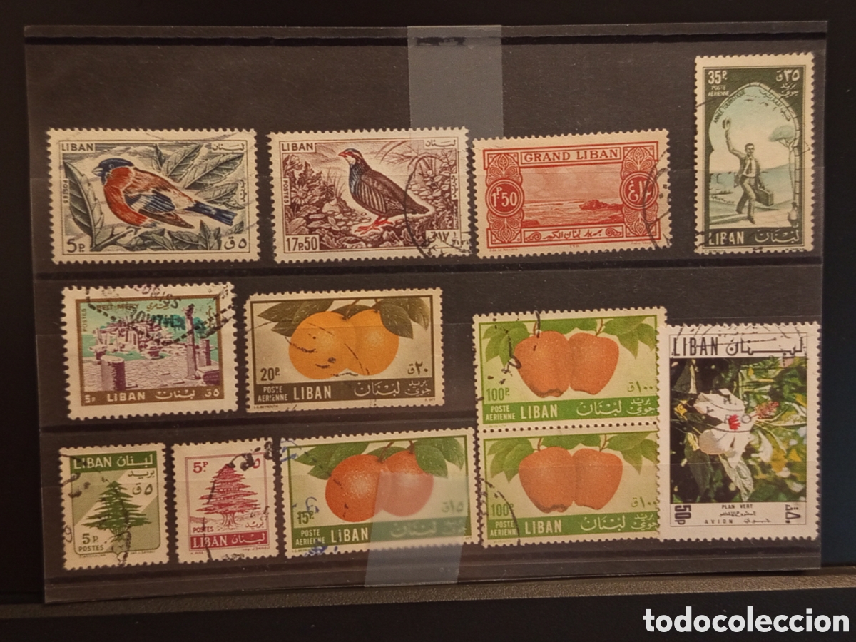 Timbres: Tarjeta con 12 Sellos Antiguos de L&iacute;bano, &Eacute;poca de 1950 a 1970
