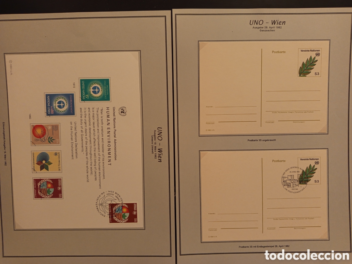 Sellos: Set Filat&eacute;lico ONU Viena 1982: Hoja Souvenir y Postales FDC