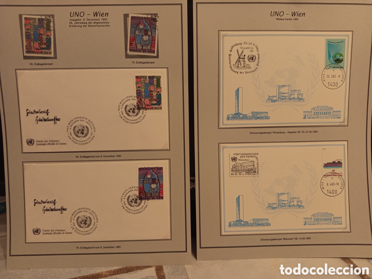 Sellos: Filatelia ONU Viena 1983: Sobres FDC Derechos Humanos y Tarjetas